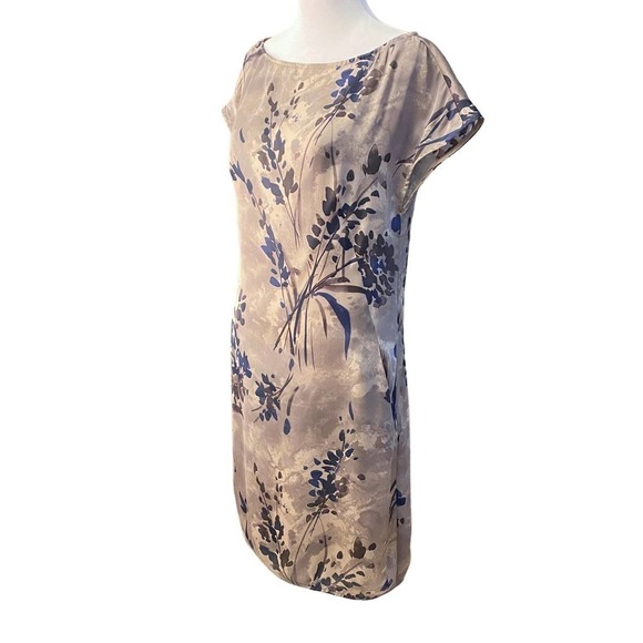Zara Basic Womens Satin Floral Shift Mini Dress with Pockets Cream Navy SZ Small - Picture 2 of 9